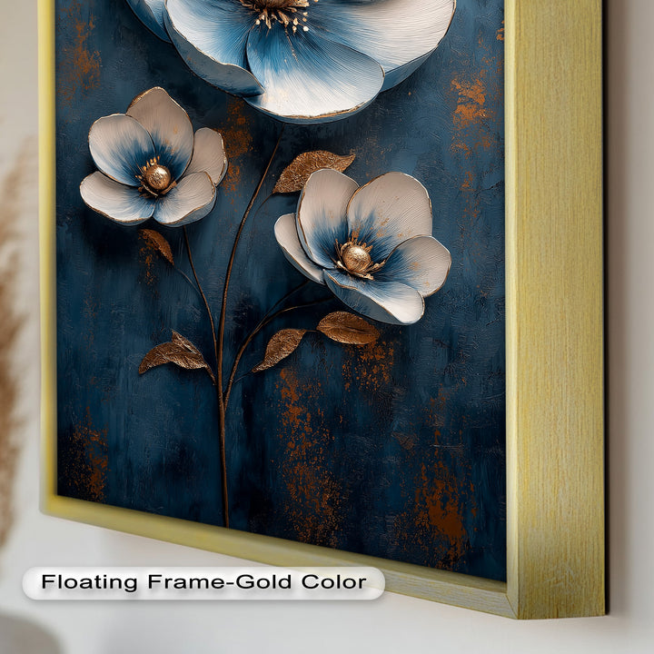 Deep Blue and Metallic Floral Elegance - Flower Oil Painting