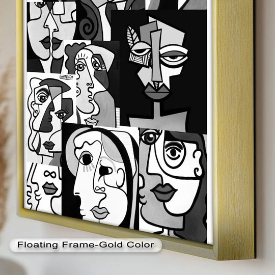 Striking color contrast defines this monochrome oil painting artwork featuring a collage of cubist faces, a modern abstract piece with bold black and white tones.