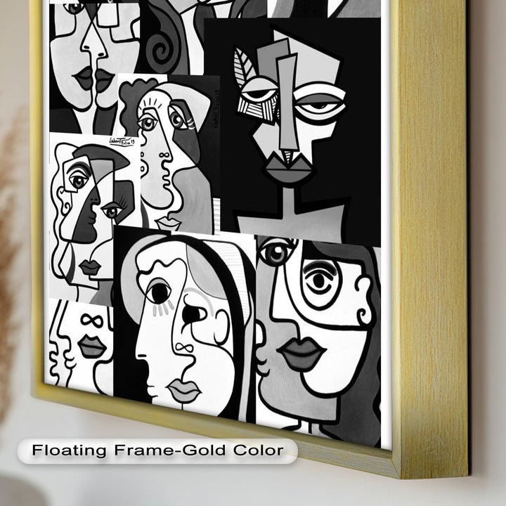Monochrome Whispers – Collage of Cubist Faces Abstract Oil Painting