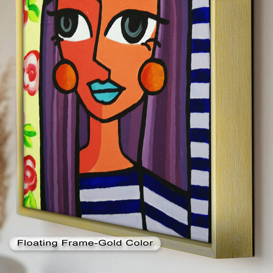 Light and shadow accentuate the bold brushstrokes and vibrant colors of this striped woman oil painting artwork, creating depth in the Picasso-style portrait.