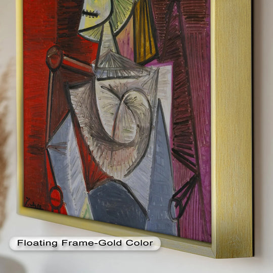 Foreground reveals the texture and brushstrokes of this bold in crimson – woman with feather hat abstract oil painting art prints, bringing the cubist portrait to life.