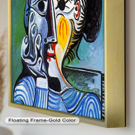 A close view highlights the impasto textures of this Cubist woman oil painting home decor, showcased within a sleek floating frame.