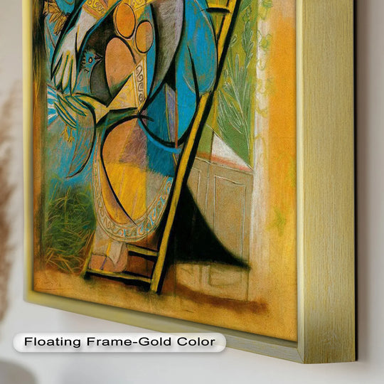Showing a strong color contrast, the cubist oil painting features a bright mix of blues, yellows, and greens, showcasing modern oil painting art in an abstract nest design.