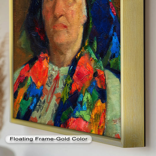 Dominated by a vibrant array of hues, this oil painting artwork captures an expressive folk portrait, highlighting the matriarch’s gaze with rich, colorful strokes.