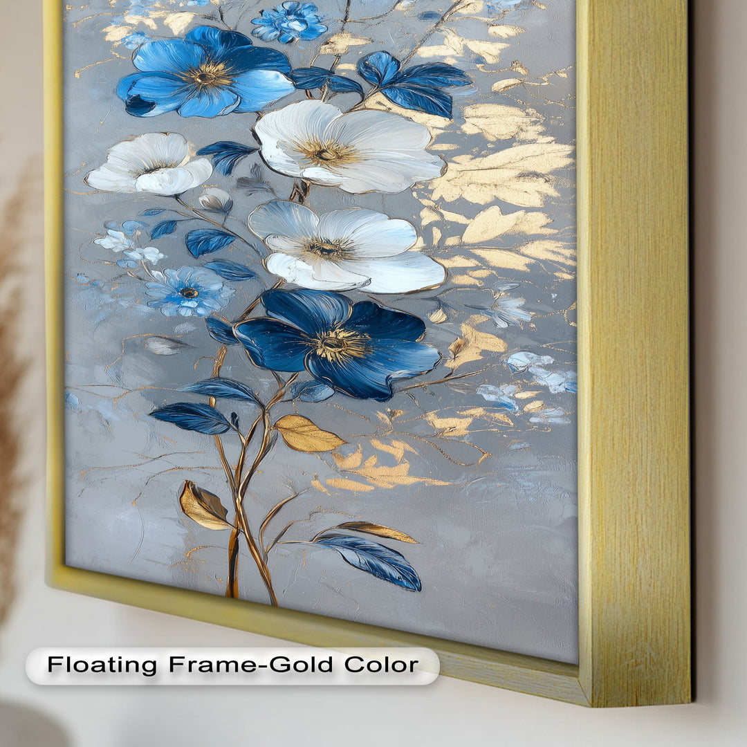 Blau-weiße Blüten Wandkunst – Blumenölgemälde
