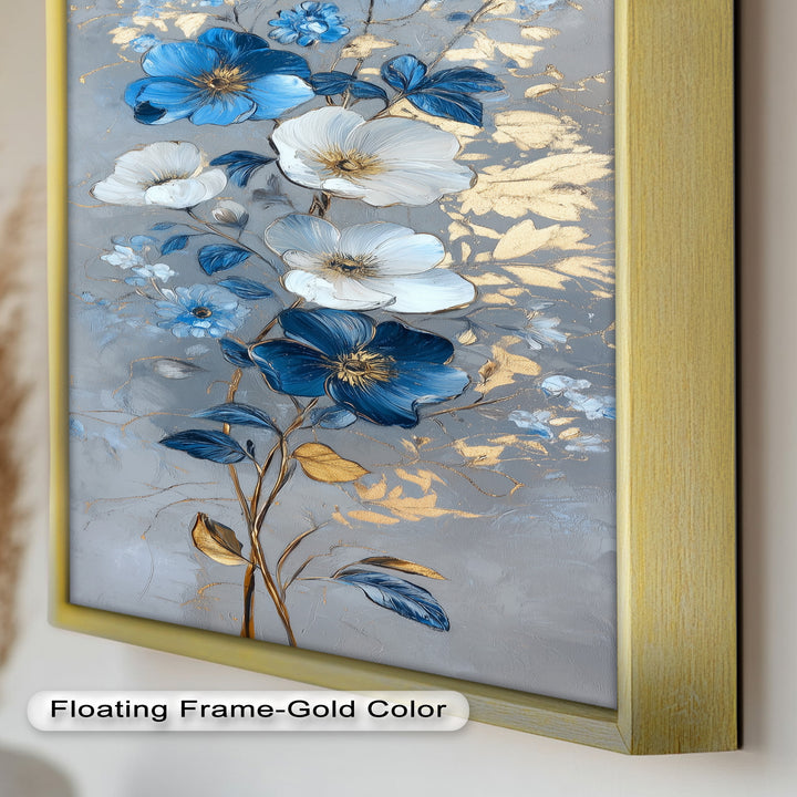 Blau-weiße Blüten Wandkunst – Blumenölgemälde