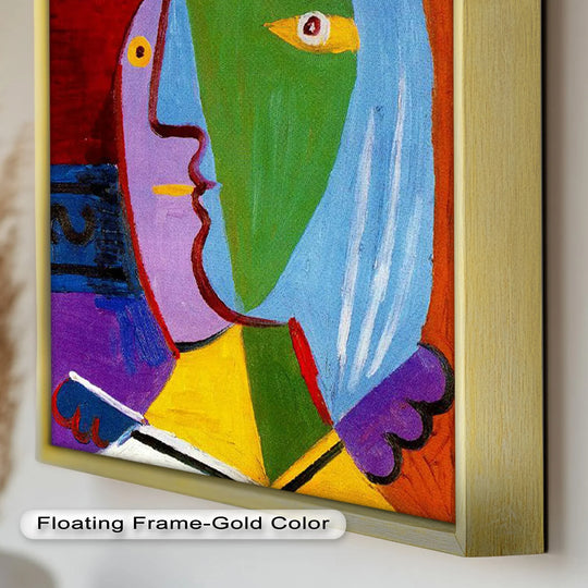 Warm and cool tones contrast in this oil painting artwork depicting an abstract woman in a golden frame, with bold color blocks reminiscent of Picasso's style.