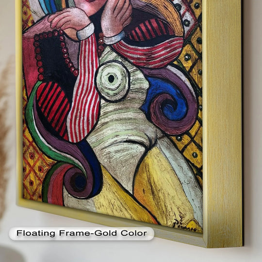 Foreground detailing reveals the textured brushstrokes and vibrant colors that bring this colorful muse oil painting artwork to life in a Picasso-inspired style.