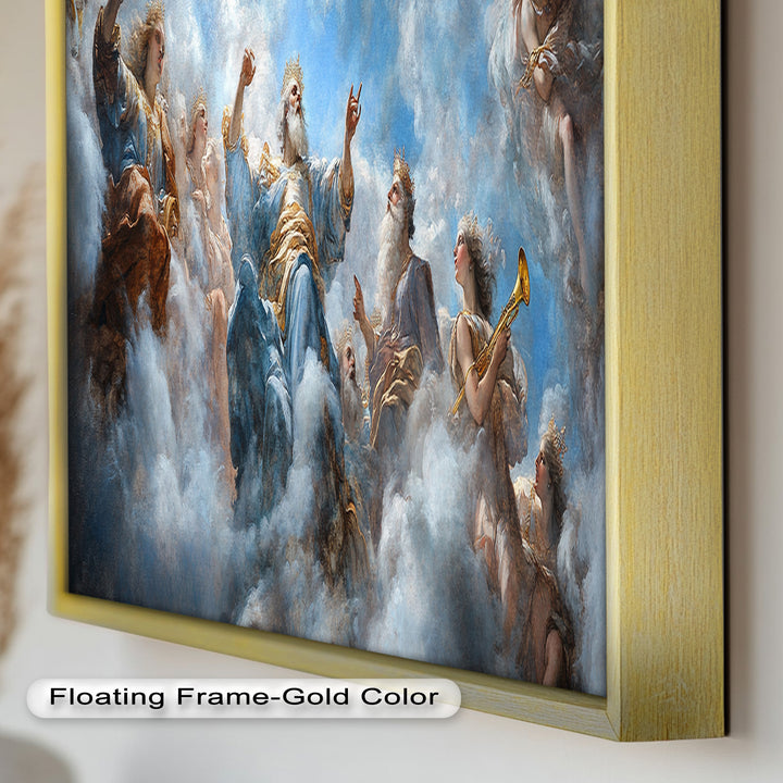 Himmlischer Hof der Götter – Ölgemälde in göttlichem Blau und Gold