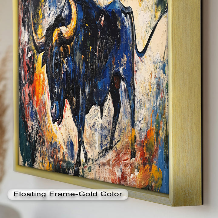 Fierce Blue Bull in Motion – Abstract Oil Painting