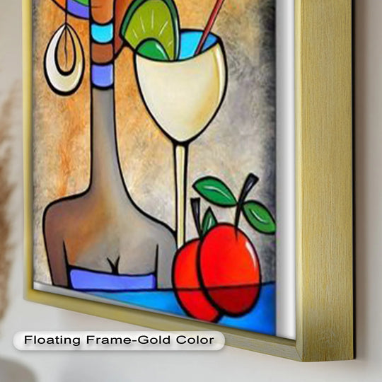Showcasing geometric elements, this oil painting home decor depicts a tropical muse with a cocktail in vibrant, abstract shapes and bold colors.