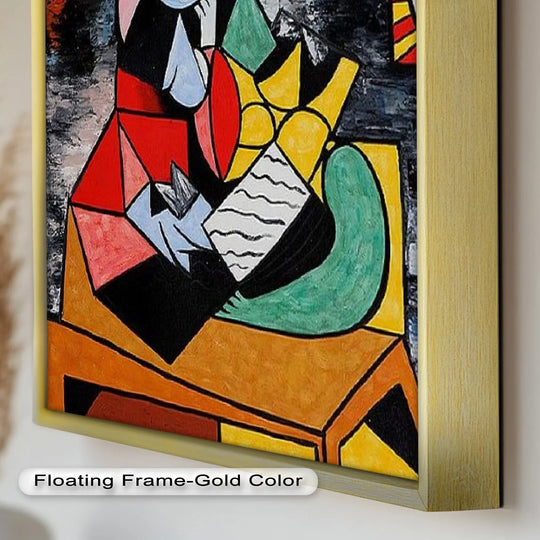 Depicting a blend of greys and blacks, the background in this oil painting art piece enhances the vibrant embracing couple in Picasso's unique style.