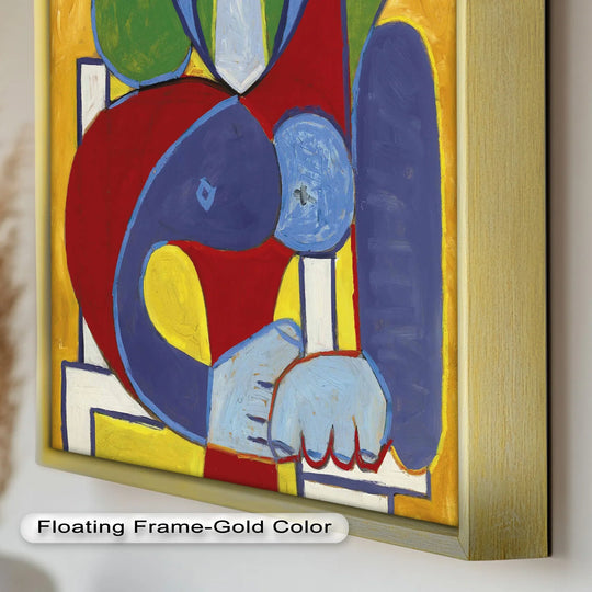 Subtle light and shadow interplay highlights the vivid colors in this 'Seated in Silence' oil painting wall art, enhancing the texture of this colorful Cubist portrait.