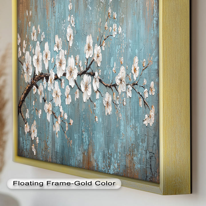 White Blossoms on Blue Textured Branch - Flower Oil Painting