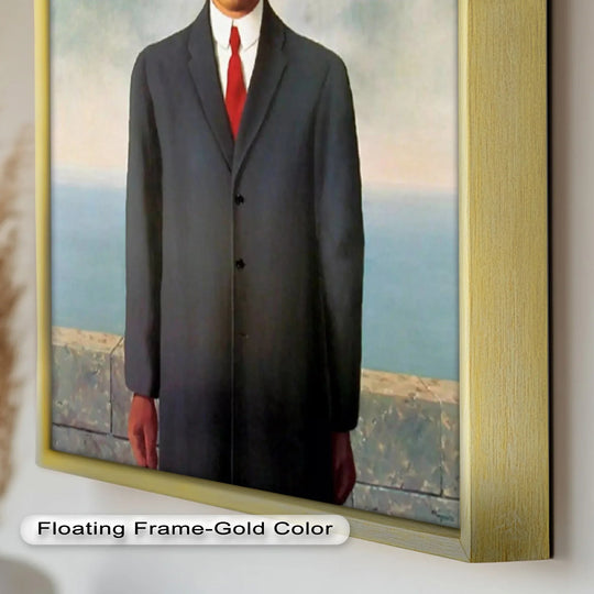 Expertly crafted oil painting artwork displays impeccable brushstrokes and luxurious texture within a sleek, gold floating frame, enhancing the surrealist gentleman subject.