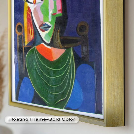 The vibrant transition between jade green and indigo blues defines the color palette of this abstract portrait, an exquisite oil painting art piece capturing a woman in Picasso's cubist style.