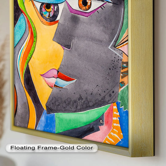Visible gold floating frame defines the edge of this striking split-face abstract oil painting, enhancing its appeal as an exquisite oil painting decoration.