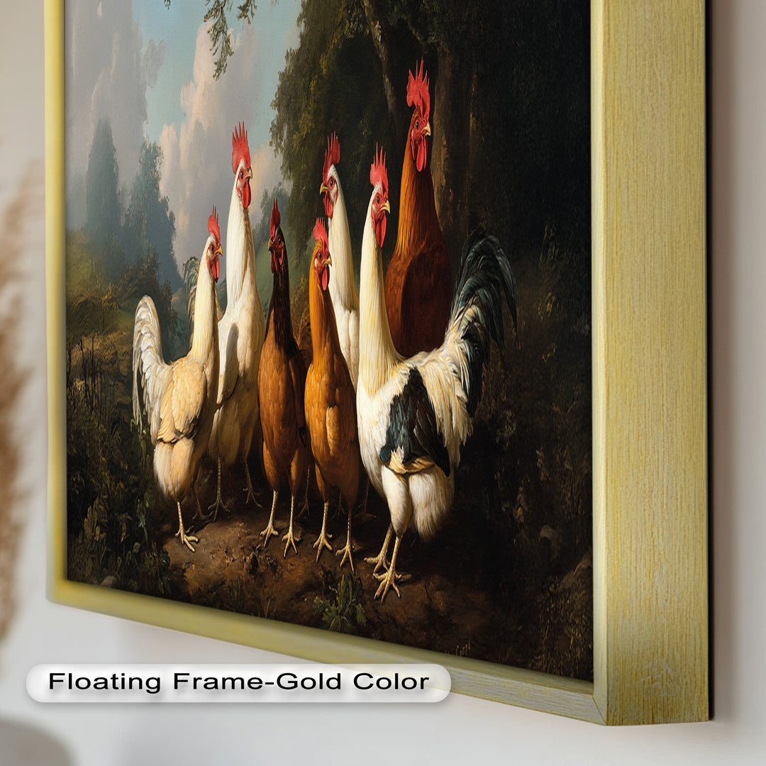 Roosters and Hens in a Countryside Clearing - Animal Oil Painting