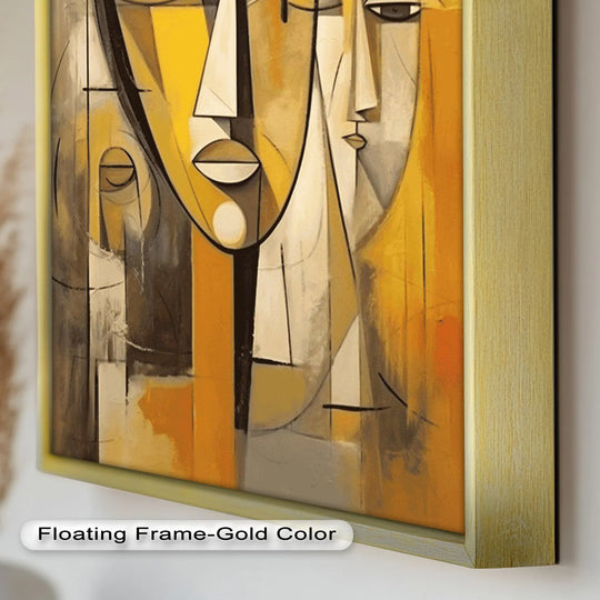 Revealing depth and layers, this golden-hued cubist expression presents faces in motion with architectural forms in this modern oil painting wall art.