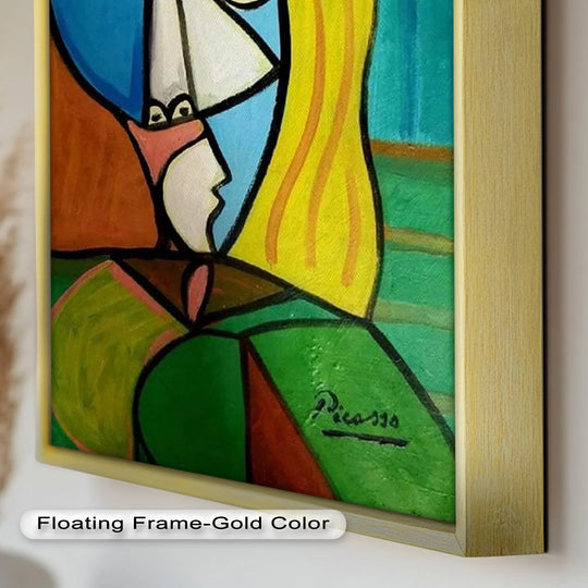 Subtle light and shadow define the planes of this cubist woman in hat, lending depth to the Picasso-style oil painting artwork.