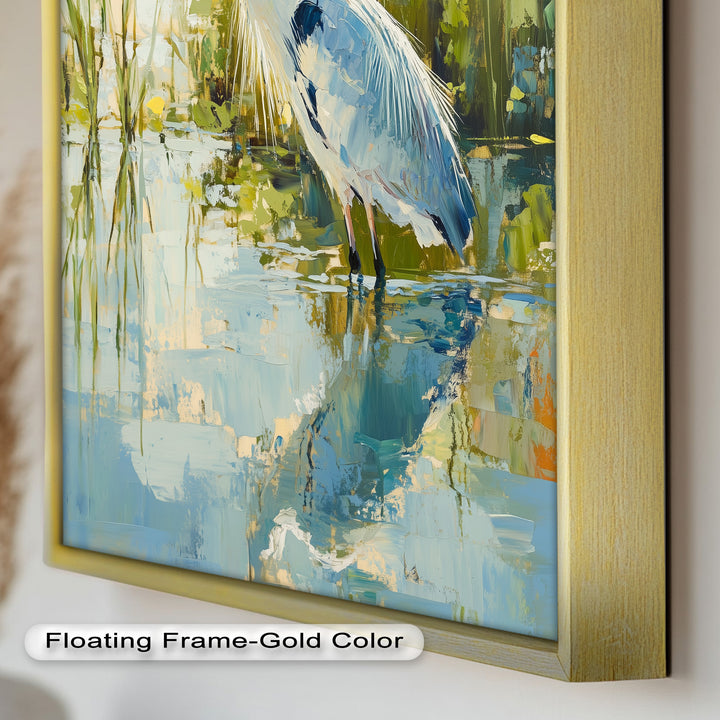 Heron Amid Textured Reflections - Animal Oil Painting