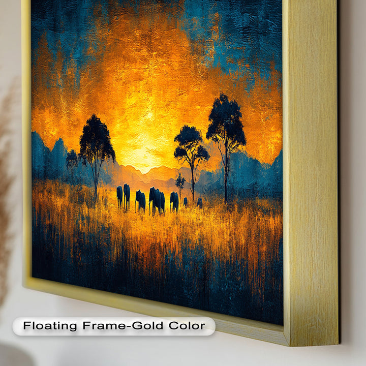 Golden Savannah Sunset – Elephant Silhouette Oil Painting