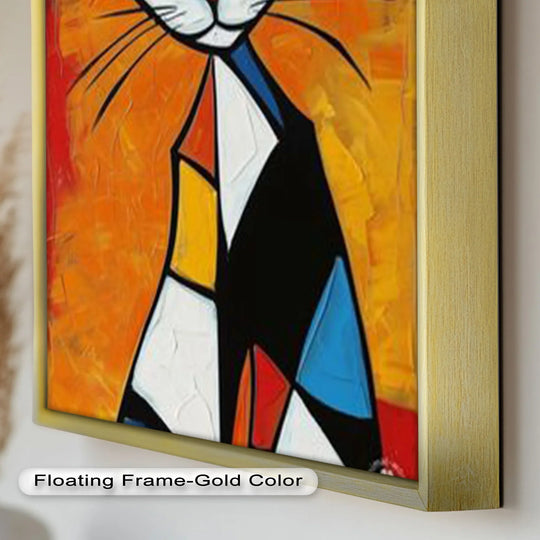 Subtle gradations in the orange background evoke the softest element of this geometric feline oil painting artwork, an abstract Picasso-style cat.