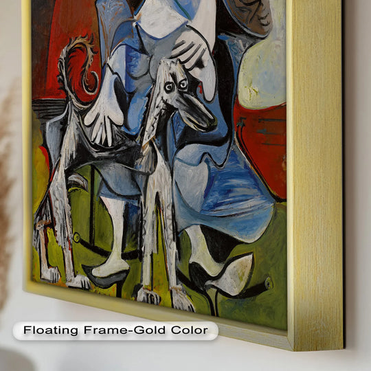 Bold color saturation enhances this cubist oil painting artwork, showing a dynamic 'Guardian in Abstraction – Woman with Dog' with intense hues.