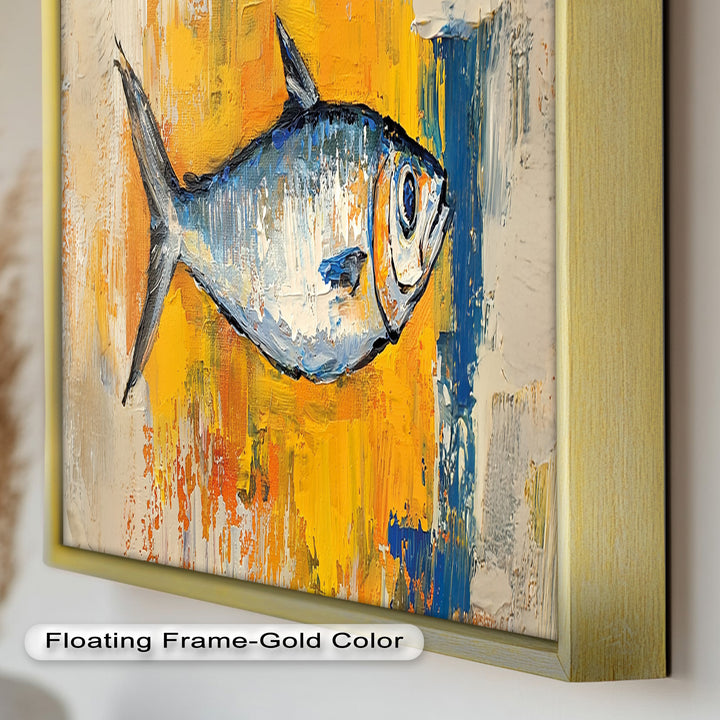 Blue Fish on Vibrant Yellow Background - Animal Oil Painting