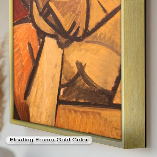 Suggesting a contemplative mood, the modern oil painting art presents a cubist-inspired abstract portrait with a striking, quiet form in rich earth tones.