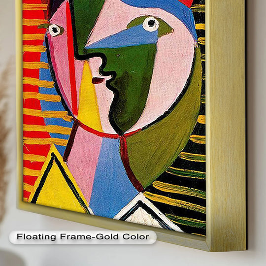 Warm hues of red and yellow contrast cool blues and greens in this cubist style oil painting artwork, creating a balanced color temperature.