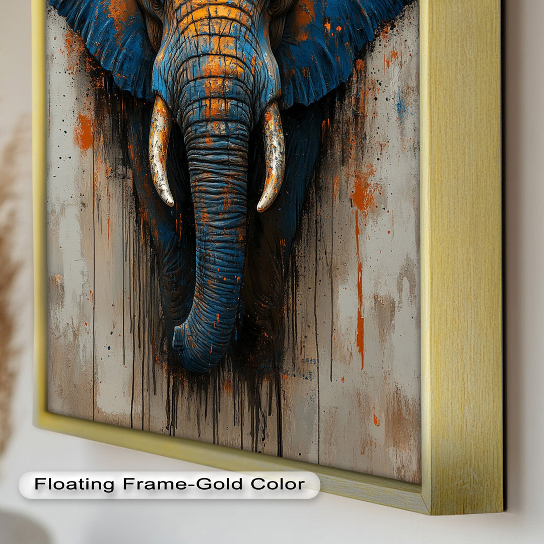 Blue and Orange Elephant Portrait - Animal Oil Painting