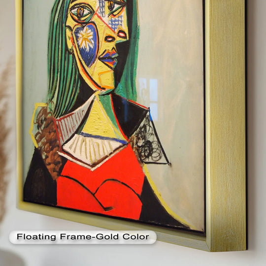 Horizontal and rectangular Solar Veil captures the intriguing abstract oil painting artwork of a woman in a red hat, framed with a floating gold color frame.