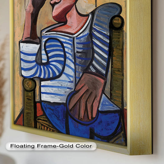 Visible is the vivid transition between colors in this cubist man in blue chair oil painting art piece, illustrating sharp tonal shifts in the striped shirt.