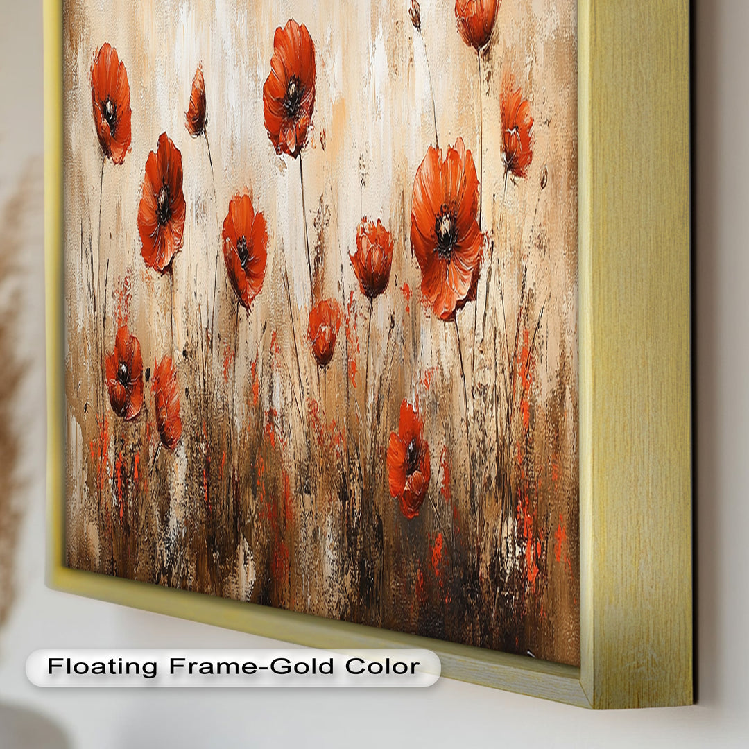 Red Poppies in Earth-Toned Harmony - Flower Oil Painting