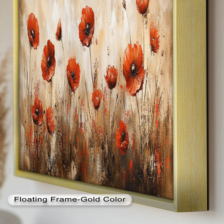 Red Poppies in Earth-Toned Harmony - Flower Oil Painting