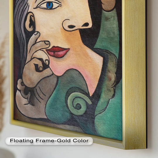 Fluid lines in this oil painting art prints of a woman’s contemplative pose and swirling green background create a dynamic sense of movement.