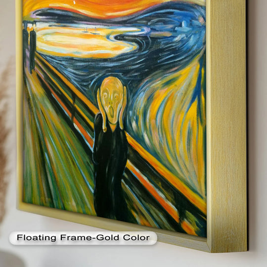 Vertical oil painting artwork presents 'The Silent Cry,' showcasing an expressionist bridge scene in a gold floating frame, capturing the iconic shape and emotional depth.