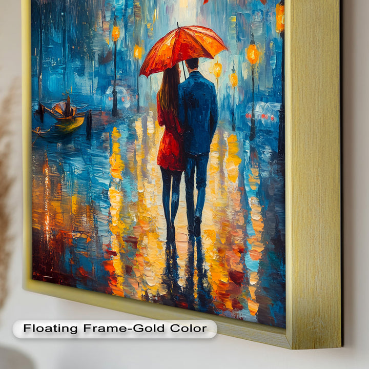 Romantic Couple Strolling Under Red Umbrella - Love Oil Painting