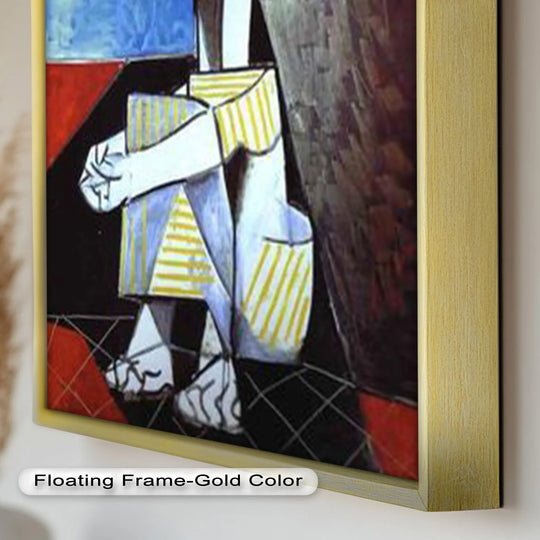 The focal point showcases the emotional depth of this Picasso-style Seated in Reflection abstract oil painting artwork with its bold geometry and cubist figure seated in reflection.
