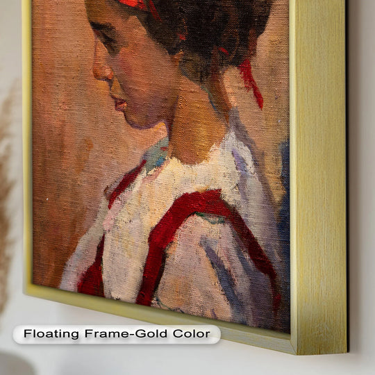 The gold-color floating frame gives this crimson reverie, side portrait oil painting home decor a refined, gallery-worthy finish.
