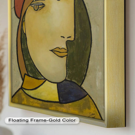Gold floating finish enhances this Picasso-style woman's portrait in this captivating oil painting artwork, adding subtle warmth to the muted tones.