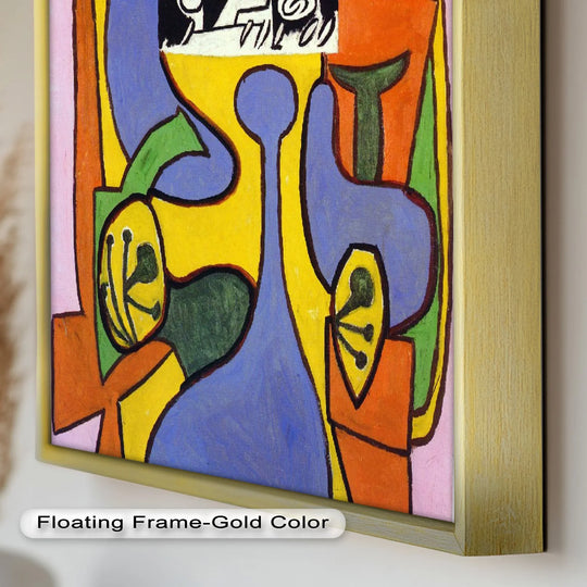 Showcasing a mix of warm and cool hues, this cubist portrait oil painting artwork features orange, yellow, pink, green, and blue tones contrasting to create a bold statement.