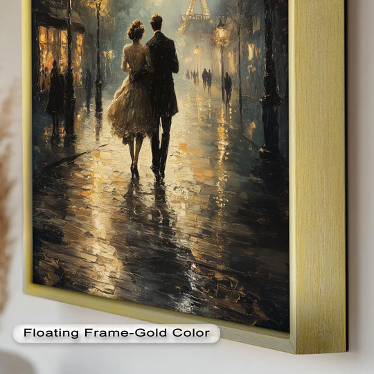 Glistening light and shadow define this romantic Paris Promenade oil painting, depicting lovers strolling toward the Eiffel Tower with artful use of oil painting wall art.