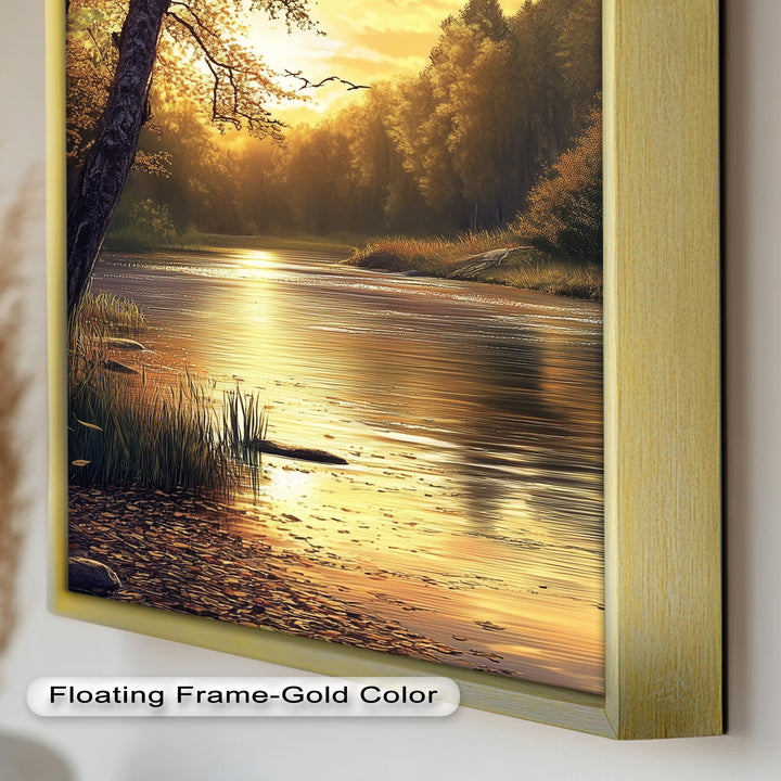 Ölgemälde einer herbstlichen Flusslandschaft – Sonnenuntergangs-Wandkunst