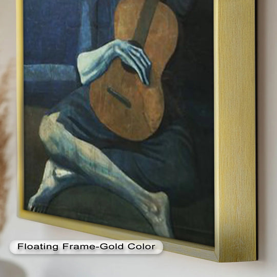 Vertical rectangular oil painting artwork shows a gold frame around a reproduction of The Old Guitarist – Blue Period Melancholy.