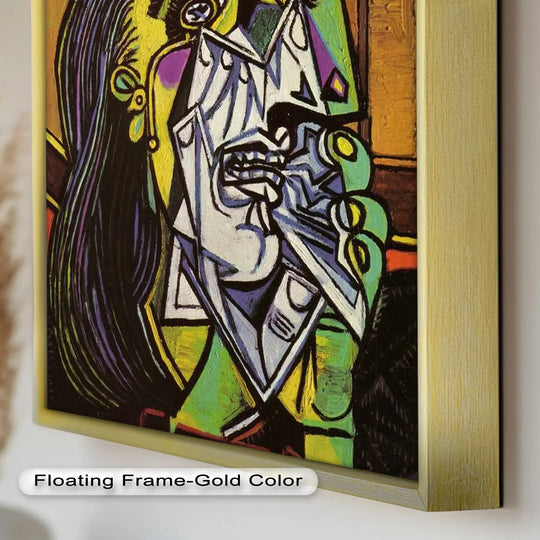 Focusing on the focal point, a weeping woman rendered in a cubist style dominates this reproduction of a 'Woman Weeping in Red Hat' oil painting art prints piece.