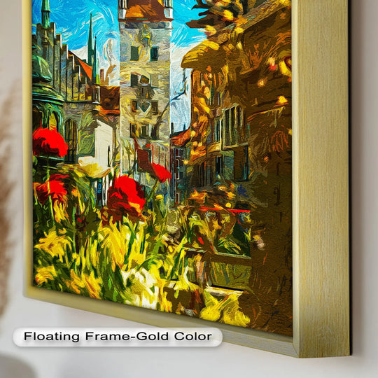 Depicting the darkest area, this 'Sunlit Spires' features the deepest browns and shadows in a historic tower street scene, showcasing the expressive detail of the oil painting wall art.