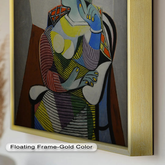 Vertical, rectangular-shaped Striped Thoughts depicts a colorful woman in hat, presented as a fine piece of oil painting artwork in the style of Picasso.