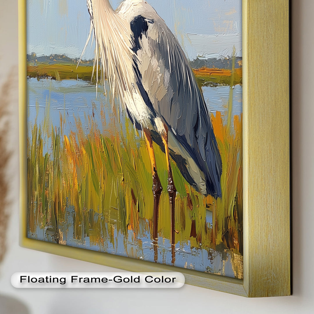 Heron in Sunlit Wetlands - Animal Oil Painting
